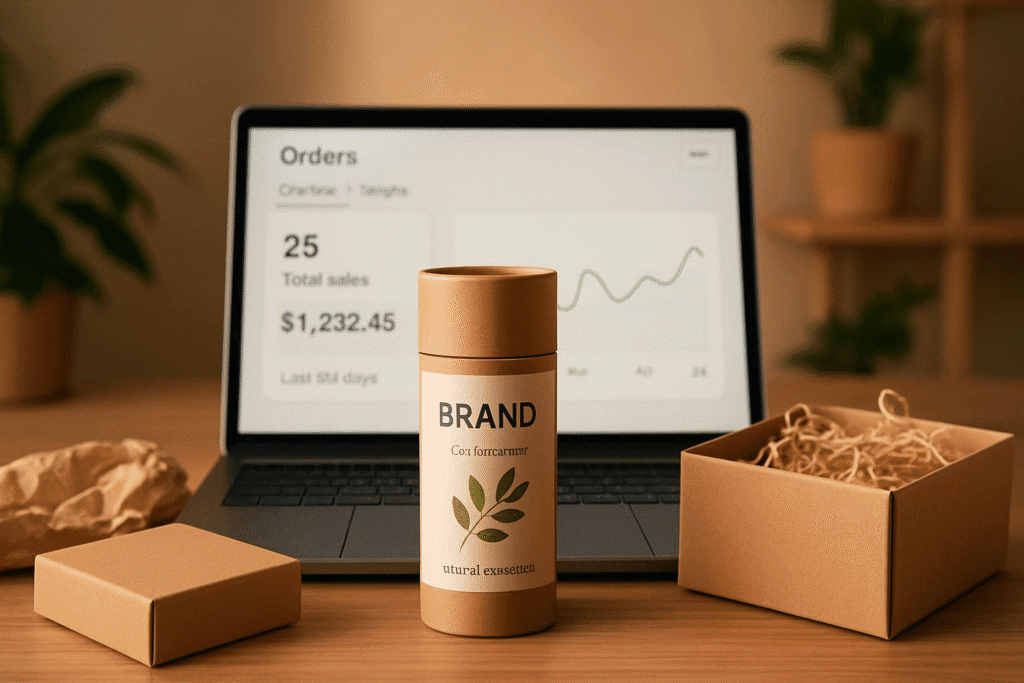 E-commerce workspace highlighting branded products, data analytics, and sustainable packaging.