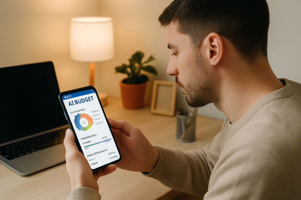 “Person using smartphone budgeting app to track expenses and savings.
