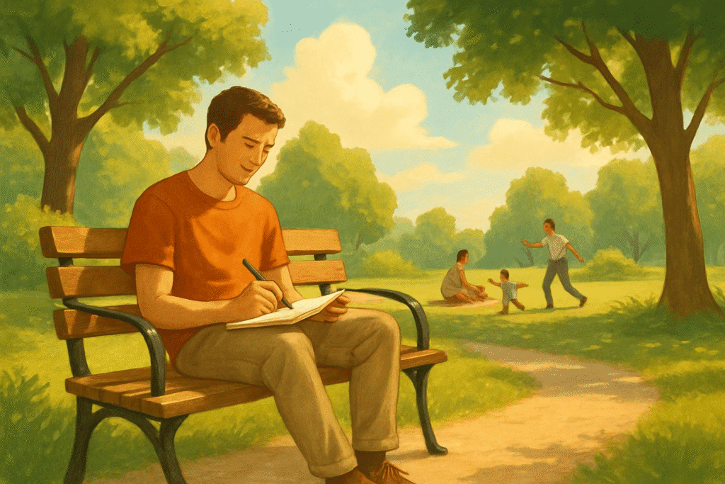 An image of a relaxed worker enjoying flexible hours—perhaps journaling in a park or spending time with family—emphasizing work-life balance.