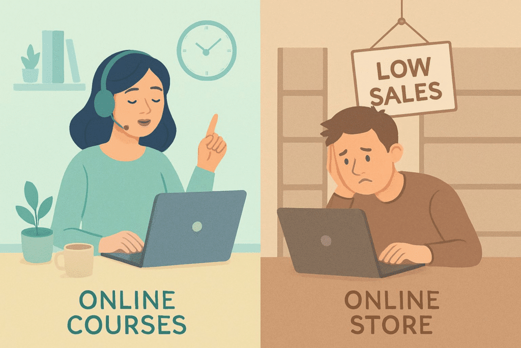 Split screen illustrating the contrast between course-selling gurus and struggling dropshipping stores.