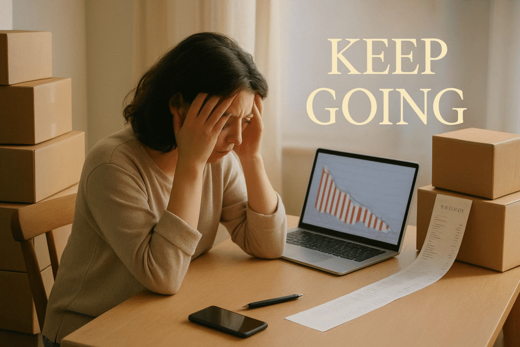 Small business owner stressed over dropshipping challenges like low profits and high expenses.