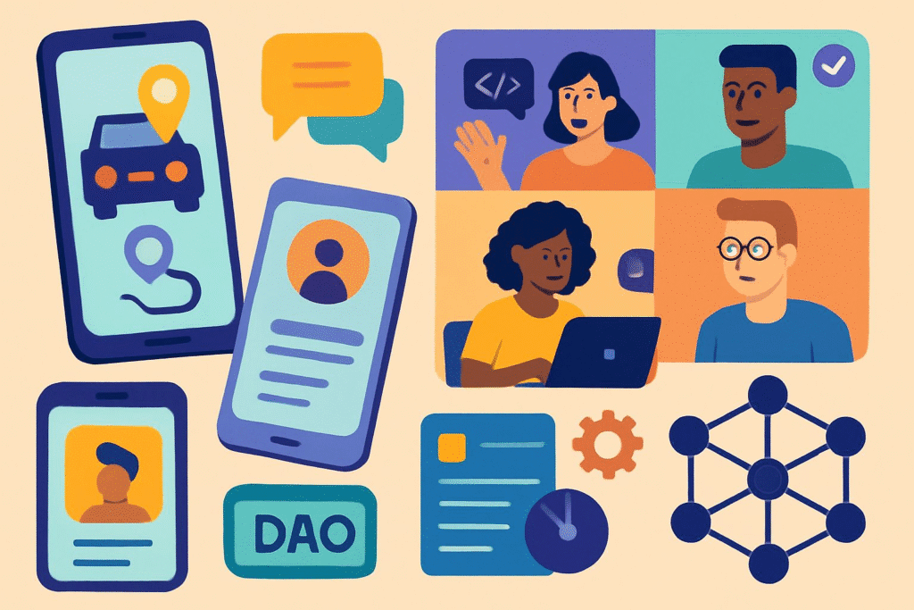 A symbolic image showcasing various alternatives to traditional work: gig economy platforms, remote teams collaborating online, and blockchain-based DAOs.