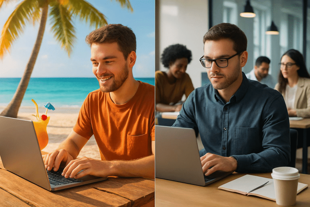 A dynamic split-screen image: One side shows a freelancer working from a beachfront café, while the other side shows a hybrid worker in a shared co-working space, highlighting the diversity of modern work setups.