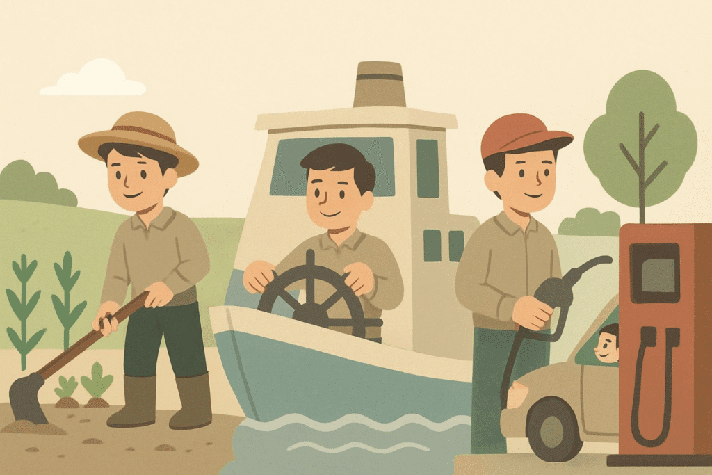 Cartoon-style scene showing a young man doing various odd jobs like farming, gas station work, and ferry boating, minimal and vintage look.