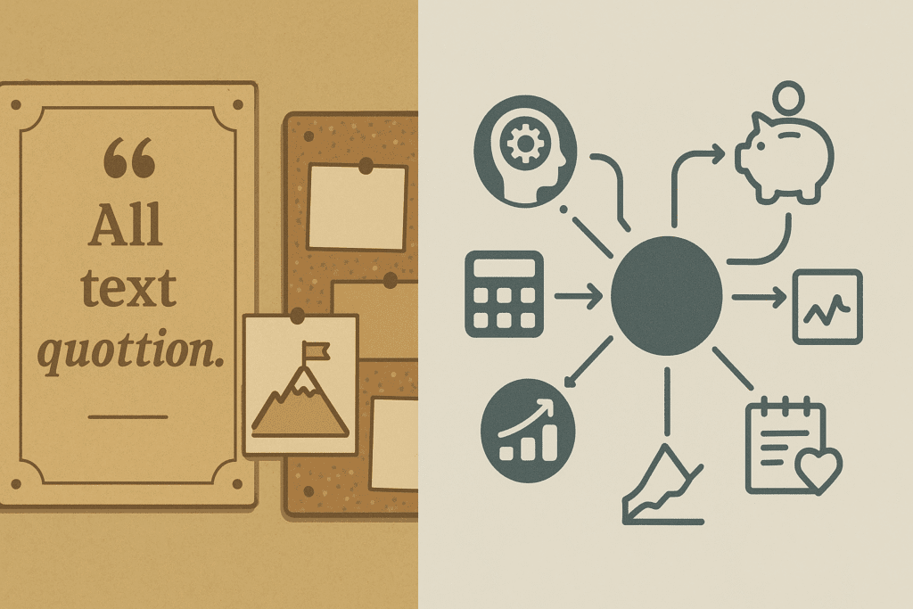 A side-by-side visual showing outdated motivational materials on one side and modern behavioral finance concepts like mind maps, cognitive biases, and habit tracking tools on the other.