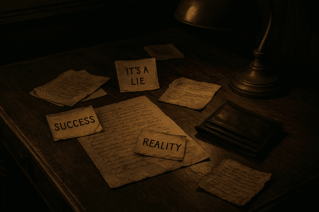 A dimly lit vintage desk with scattered papers, an empty wallet, and handwritten motivational notes, symbolizing the contrast between perceived success and real-life financial struggle.