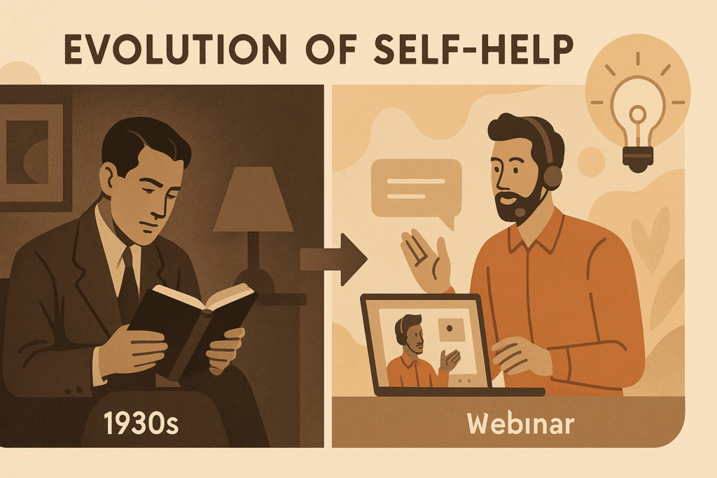 A visual timeline showing the evolution of personal development—from a 1930s man reading in a quiet room to a modern-day coach delivering a webinar on a laptop.