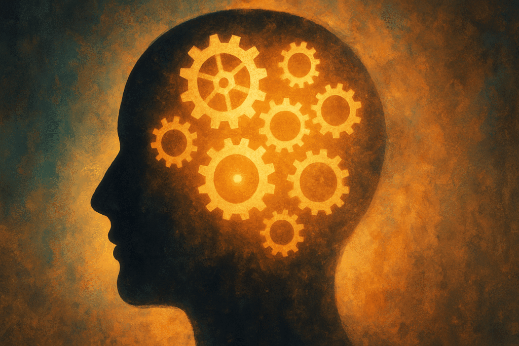 Abstract image of a human head silhouette filled with glowing gears, representing mindset, thought patterns, and self-awareness.