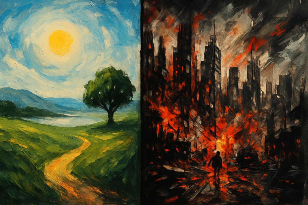 A conceptual split image showing contrast between a calm natural scene and a chaotic cityscape, symbolizing inner vs. external challenges.