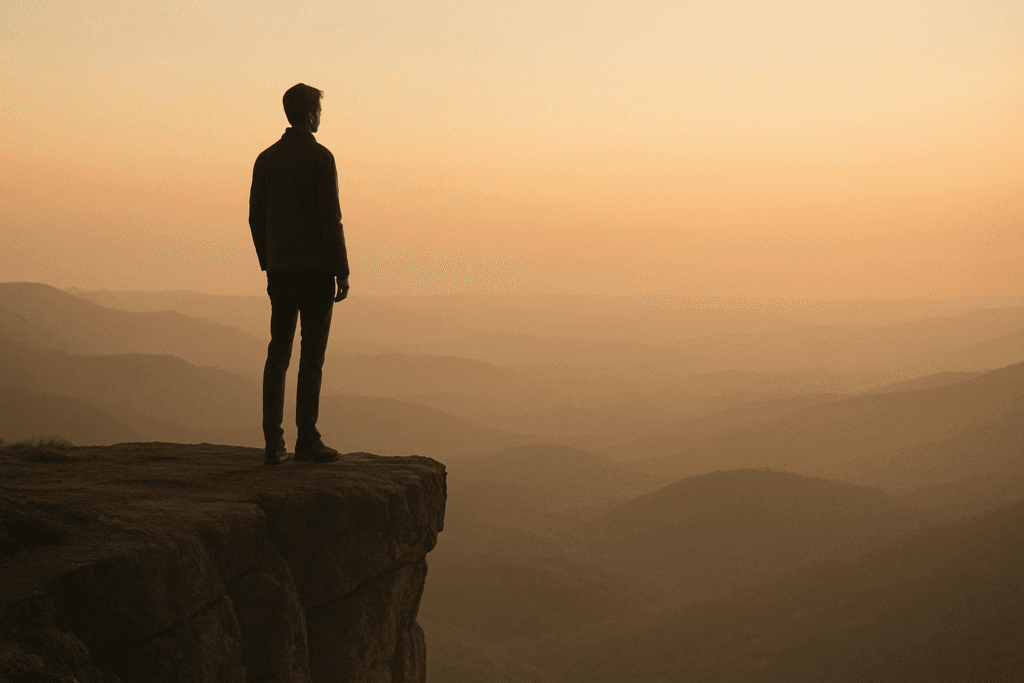 A solitary person standing on a cliff at sunrise, overlooking a vast natural landscape, symbolizing personal reflection and inner growth.